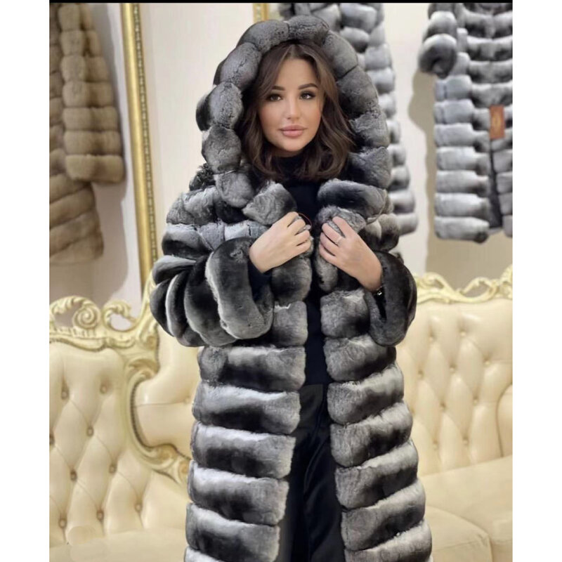 Casaco de pele real com capuz, casaco longo, jaqueta genuína de pele de coelho Rex, Luxo, Best-seller, Inverno, 2022