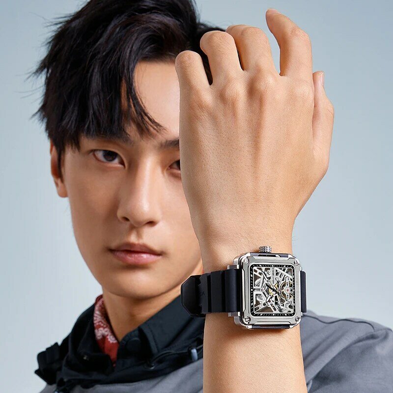 Jam tangan mekanik otomatis Welly Merck untuk pria dari stainless steel tahan air seri Mahjong dengan tampilan kotak safir