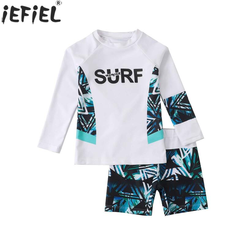 Children Boys Two-piece Swimwear Wetsuit Rash Guard Surfing Clothing Long Sleeve Top with Shorts Bathing Suit Beach Swimsuit