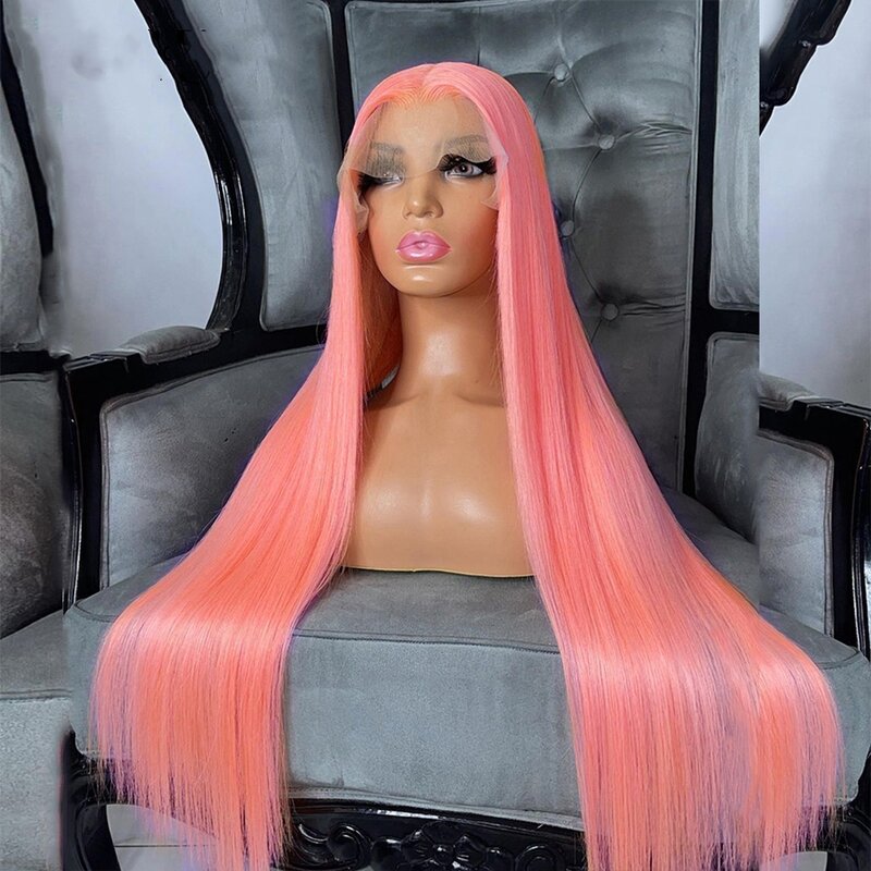 Peluca de cabello humano liso de 13x6 para mujer, postizo de encaje Frontal, pelo brasileño Remy de color rosa, prearrancado