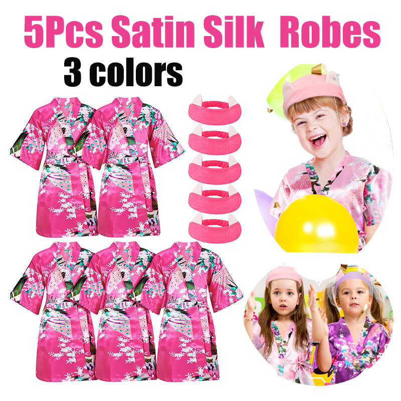 5Set Satin Silk Spa Party Robes Slumber Party Kids Robes Bathrobe for Girl Kimono Birthday Nightgown Wedding Supplies Headband