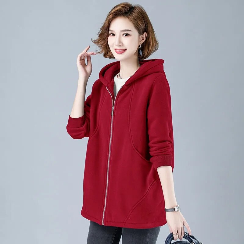 New Winter Jackets Casual Large Loose Fit Sports Cardigan Coat Thickened  Hooded Sweater Women Mid length Coat Female jacket 5XL