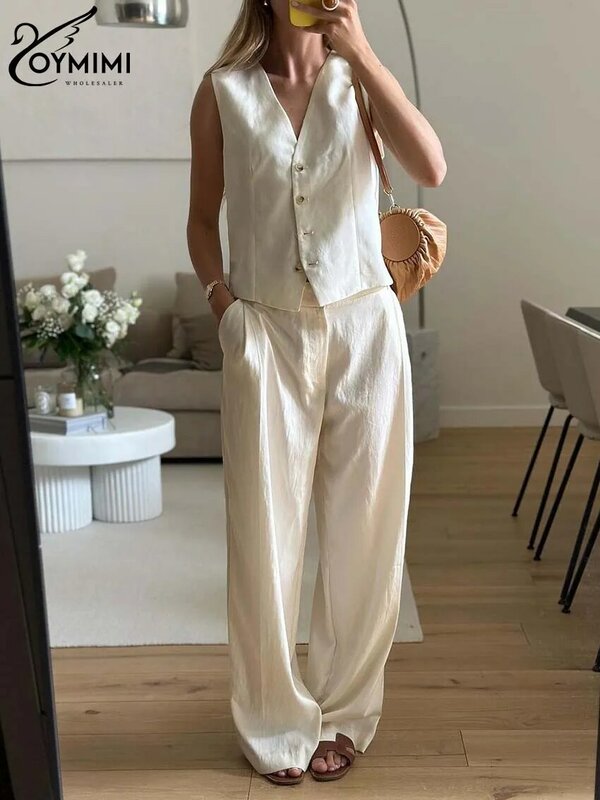 Oymimi Summer Beige Sets For Women 2 Pieces Elegant V-Neck Sleeveless Button Shirts And Simple Straight Trousers Female Sets