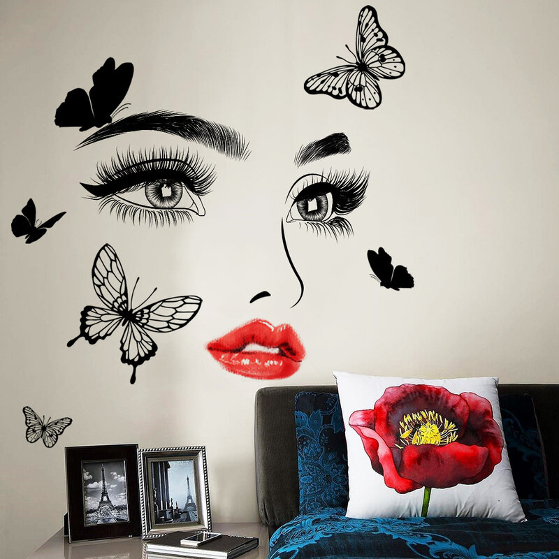 2 pezzi labbra rosse da donna occhi farfalla adesivi murali cartone animato sfondo parete soggiorno camera da letto decorazione murale adesivi murali