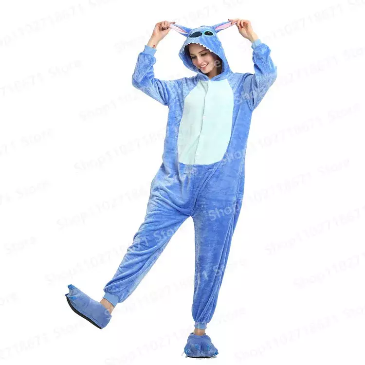 Disney Lilo & Stitch Cosplay Costume Onesies Women Pajamas Sets Flannel Cute Animal Stitch Pajamas Man Winter Sleepwear Gift