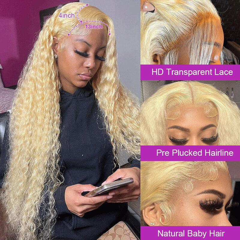 Peluca de cabello humano ondulado para mujer, postizo de encaje frontal, Color rubio miel 613, 13x4, 13x6, HD, 30, 38 pulgadas, predesplumada
