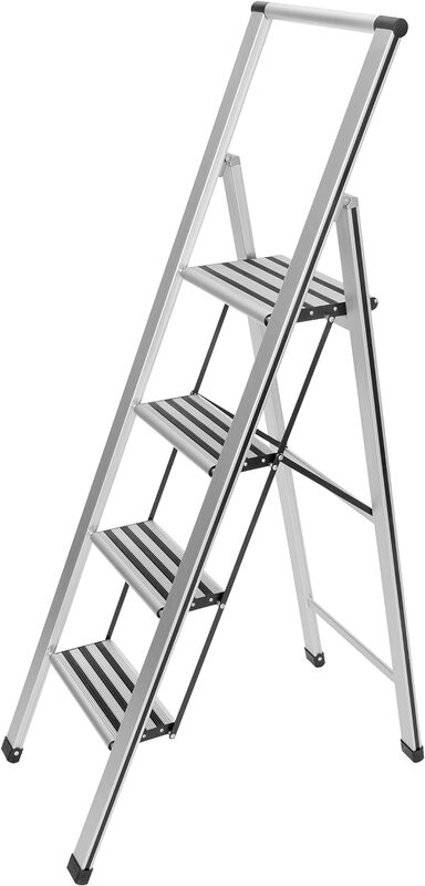 WENKO scala a 4 gradini, sgabello pieghevole in alluminio con ampi gradini antiscivolo, sgabello per gradini per impieghi gravosi, fino a 330 libbre