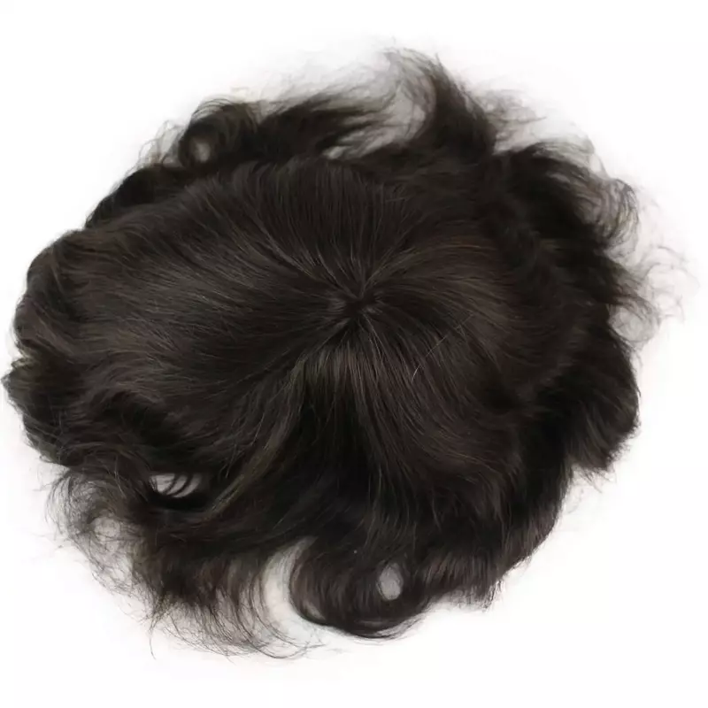 Tupé de cabello humano para hombres, y Mono piel fina, sistema de reemplazo de postizo superior de encaje, pelucas marrones oscuras, sistema de cabello Tsingtaowigs