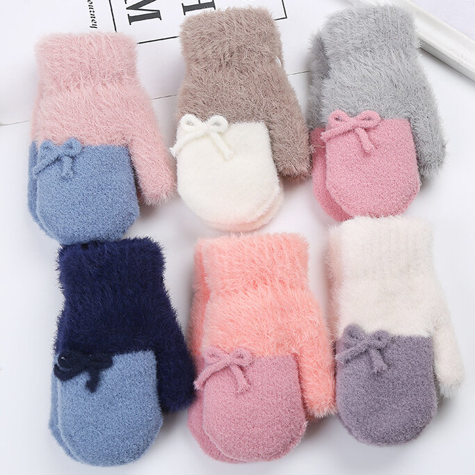 0-3Years Gloves Winter Solid Thicken Plus Velvet Halter Gloves for Kids Toddler Outdoor Keep Warm Knitted Mittens with Rope