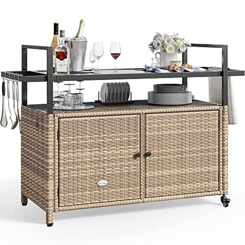 Outdoor Kitchen Wicker Island Rolling Cart & Bar Table with Glass Top BBQ Grille Serving Cart Patio Poolside Rust-Resistant