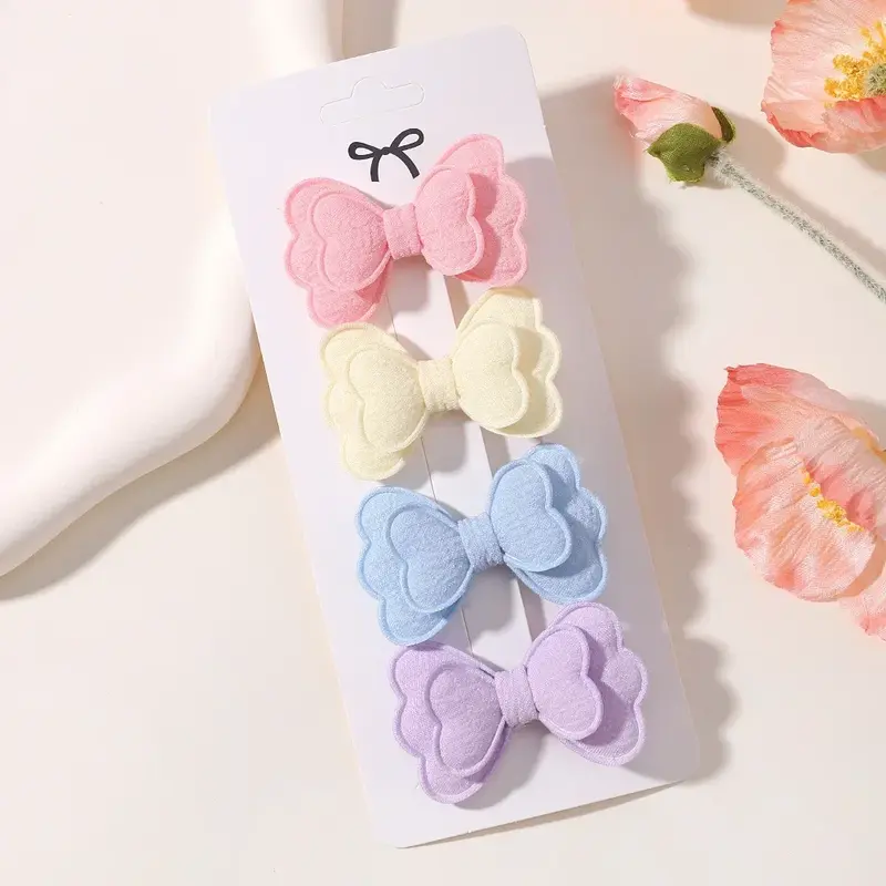 4Pcs/set Candy Colored Hair Clip Set for Girls Double Layered Bow Cute Bangs Hair Pin Cotton Safe Kids Baby Hair Accessories