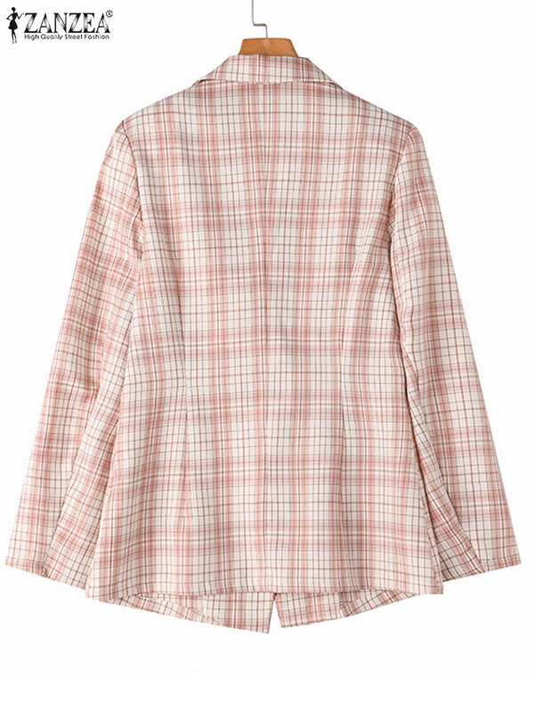 Zanzea-Casaco casual feminino solto com gola lapela, jaquetas xadrez de escritório, blazer OL manga comprida, outwears para outono, 2023