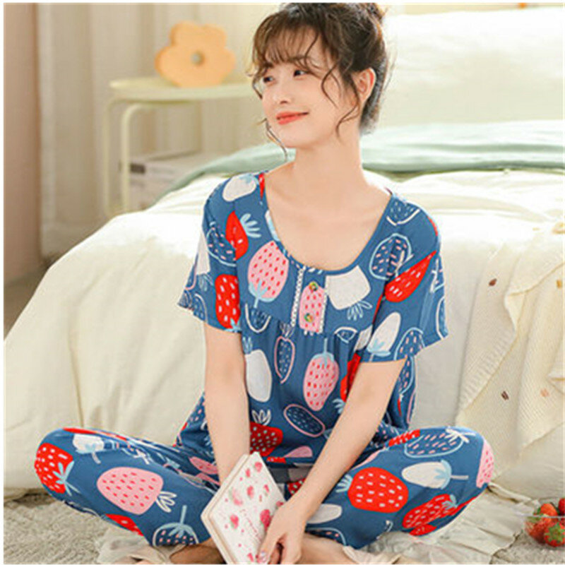 Uhytgf-レディースプリントパジャマパンツ,半袖,家庭用衣類,2点セット,シルク,綿2441