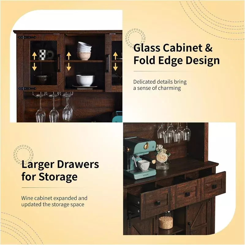 72" Coffee Bar Wine Cabinet with Sliding Barn Door & LED Lights, Sideboard Buffet Cabinet with Wine Bottle Rack, 3 Drawers