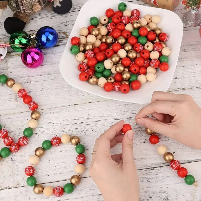 Natal Cor Madeira Beads, Round Snowflake Beads, bola colorida, 16mm, 50Pcs