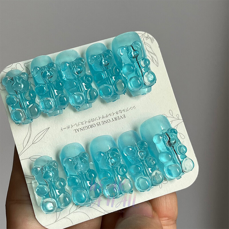 Uñas postizas hechas a mano y2k, uñas postizas decorativas de oso de gelatina 3D, cubierta completa, usable, puntas de arte, azul hielo, 10 piezas
