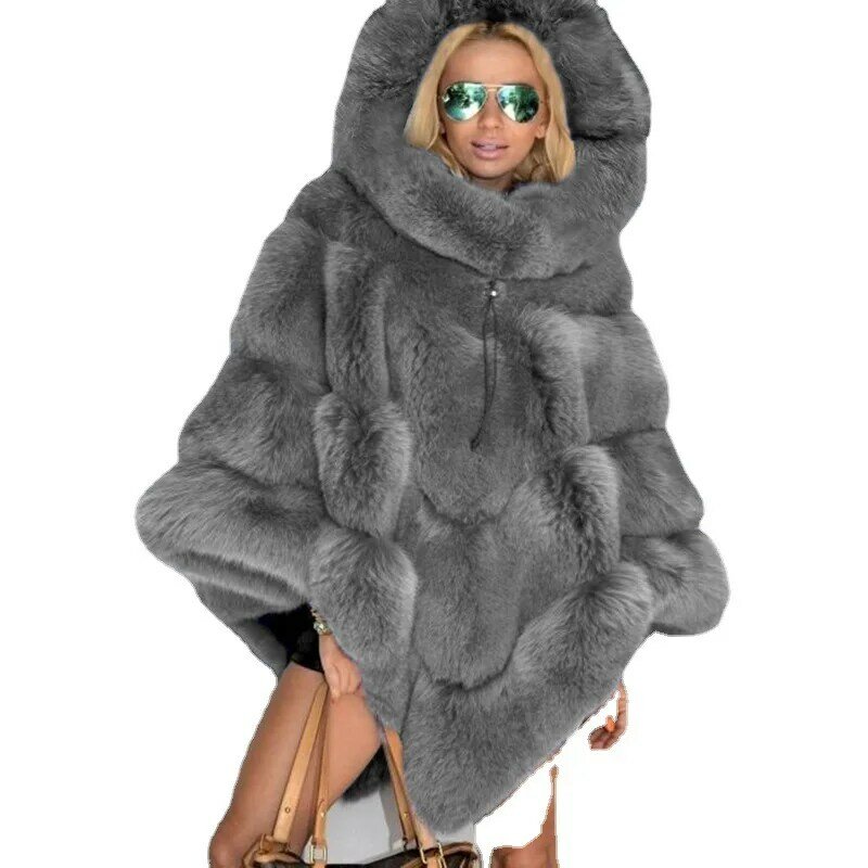 Faux Fur Patchwork Loose Coat European and American Solid Color Hooded Temperament Commuting Cloak for Women