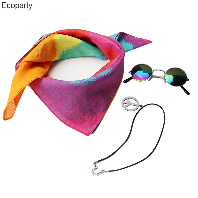 2022 Set Kostum Hippie Ikat Kepala Daisy Kacamata Hitam Set Kalung Ikat Kepala Tanda Perdamaian Perlengkapan Pesta Halloween Aksesori Hippie 30