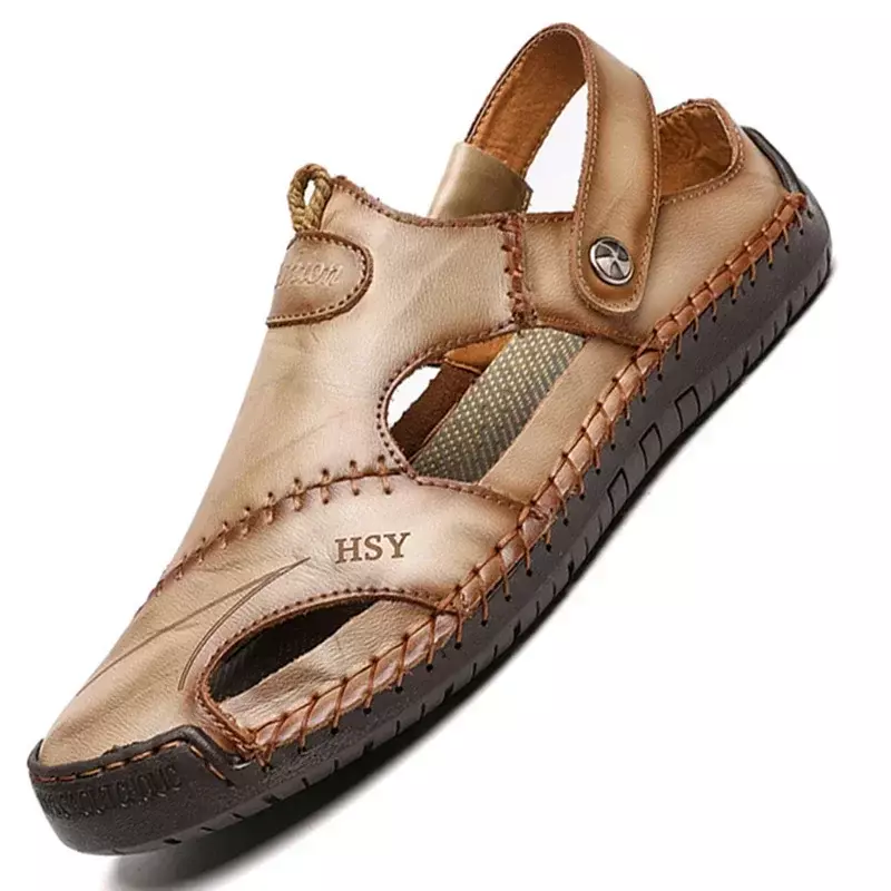 Sandales d'été en cuir pour hommes, chaussures romaines classiques, pantoufles souples d'extérieur, baskets de plage en caoutchouc, sandales de trekking