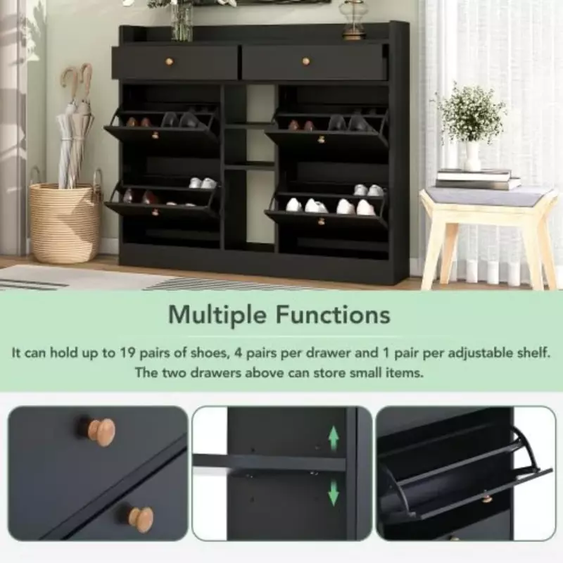 Cabinet with 4 Flip, Multifunctional 2-Tier Storage Organizer with Drawers, Free Standing Shoe Rack for Entrance Hallway, Black