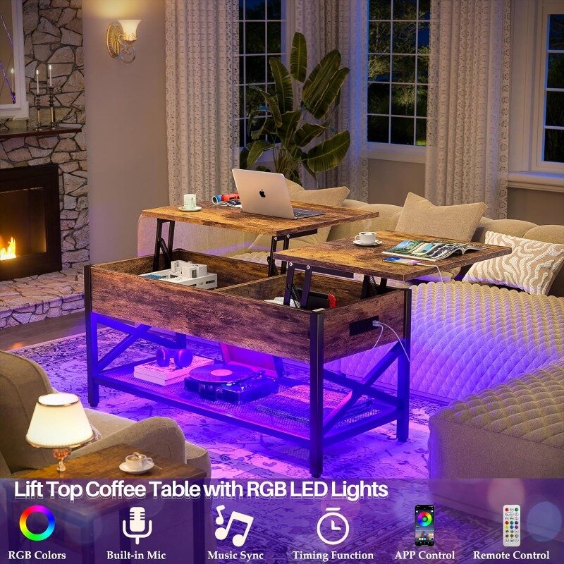 Aheaplus Couch tisch, Lift-Top-Couch tisch mit LED-Licht und Steckdose, moderner Lift-Top-Mittel tisch mit Ablage fach