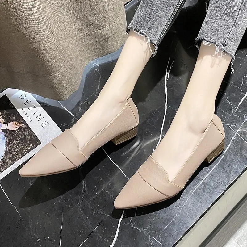 Zapatos puntiagudos de tacón grueso para mujer, calzado de trabajo de suela suave, versátil, Corte poco profundo, novedad de primavera y otoño, 2024