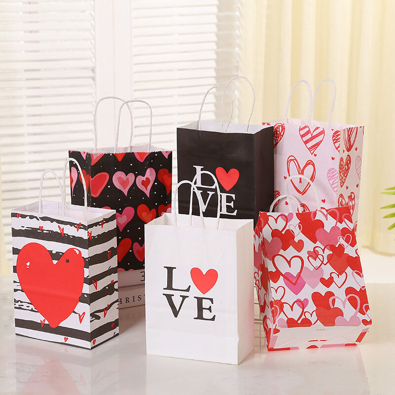 Bolsas de regalo de papel Kraft con estampado de corazón de amor, bolso de mano de dibujos animados, bolsos de hombro de vacaciones, Día de San Valentín