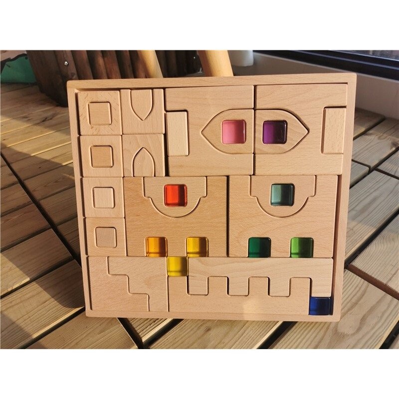 Wooden Building Blocks Set Stacking Castle Toys with Transparent Cubes Rainbow Timbers Trees Animals Giraffe for Kids