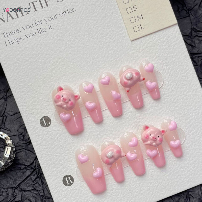 Handmade Pink Fake Nails with 3D Cartoon Pig Love Heart Designed Press on Nails Long Ballerina French Style False Nails Tips