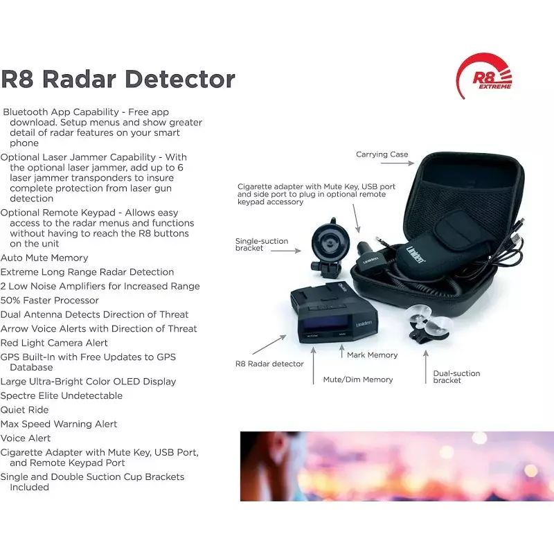 UNIDEN R8 Extreme dalekiego zasięgu Radar/detektor laserowy, podwójne anteny przednie i tylne wykrywanie ze strzałkami kierunkowymi, wbudowane GPS w
