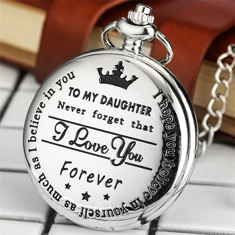 To My Daughter I Love You Forever Quartz Analog Pocket Watch for Girl Roman Numeral Display Pendant Chain FOB Clock Watches Gift