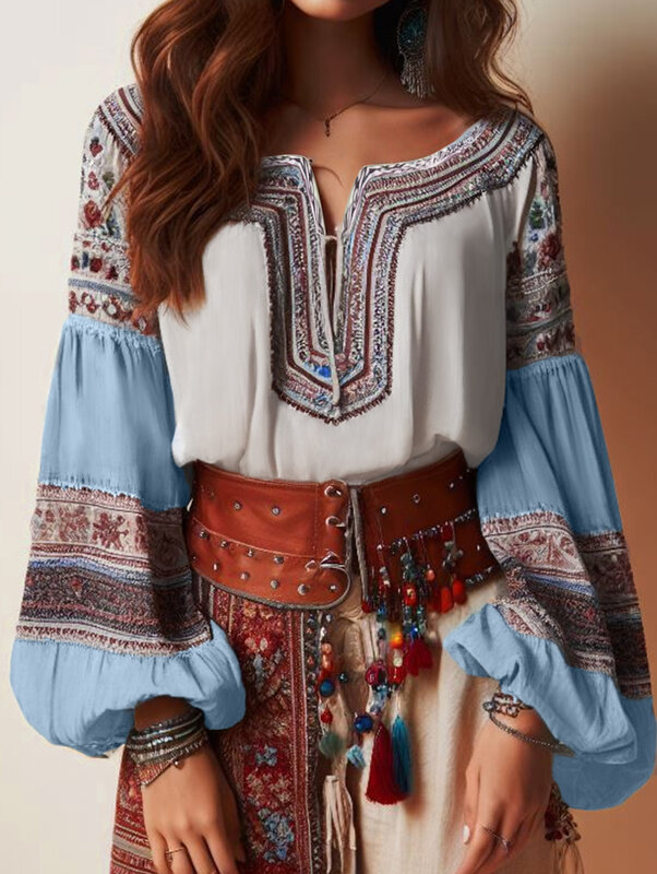 Lantern Sleeves Boho Blouse Floral Pattern Drawstring O Neck Hollow Ethnic Style Women Tops Spring Summer Autumn Chic Blouses