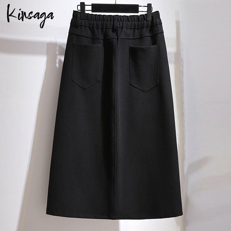 Plus Size Black Midi Long Straight Woolen Skirt Women Casul Elastic High Waist Skirt Auturm Winter Split Pencil Skirt Female