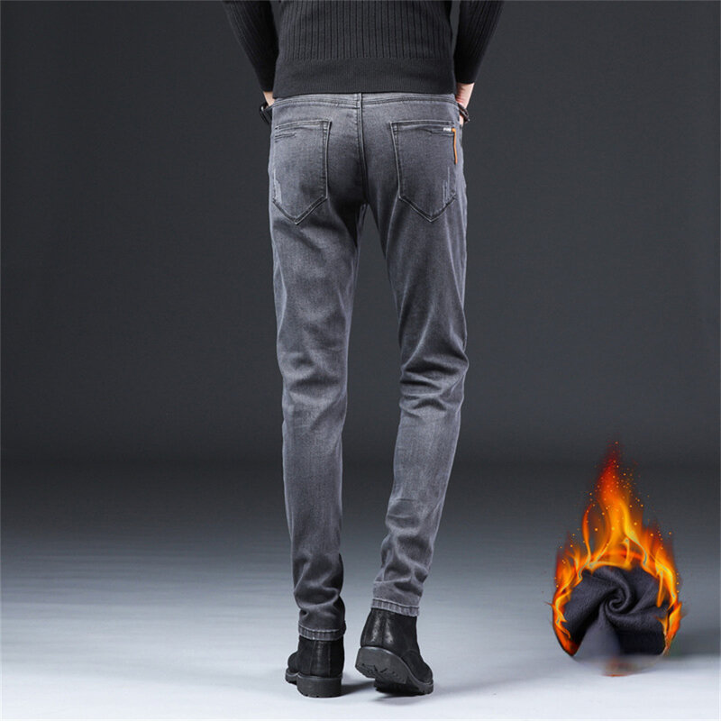 Mężczyźni odzież zimowe męskie dżinsy ciepłe dżinsy z polarem mężczyźni biznes zagęścić spodnie jeansowe rozciągliwe dopasowanie spodnie dla mężczyzn dżinsy