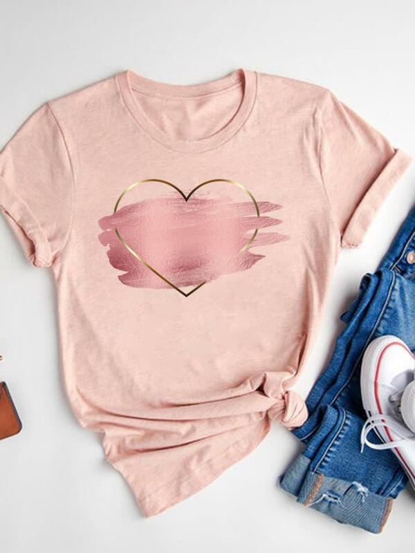 Akwarela miłość serce słodka, modna koszulka z krótkim rękawem T-shirt Tee odzież Basic letni Top graficzny T-shirt damski