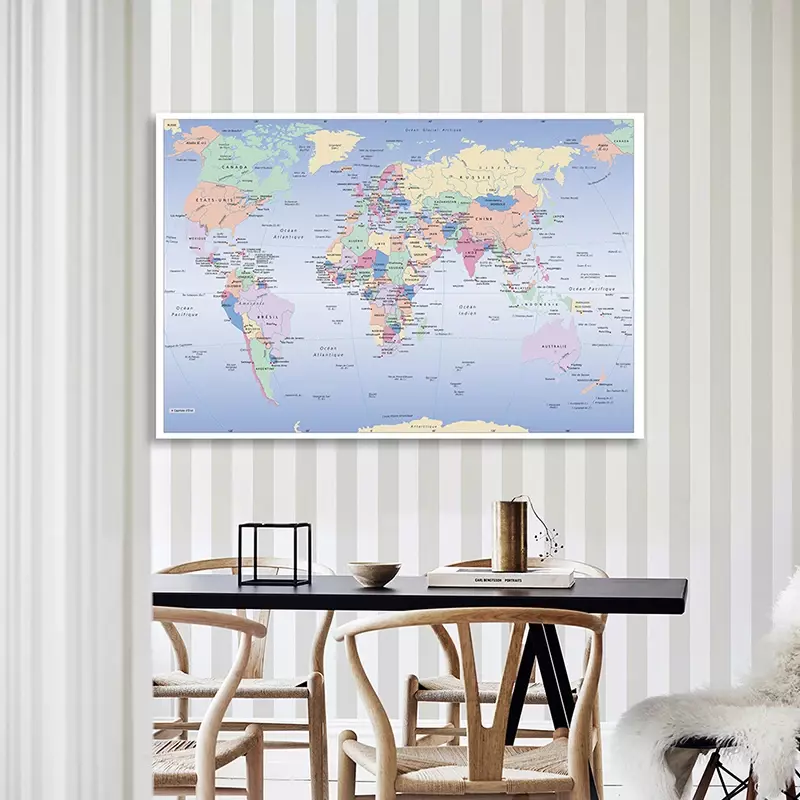 フランスの大きなポスターの世界地図、不織布の絵、壁の装飾、子供、学用品の家の装飾、225x150cm