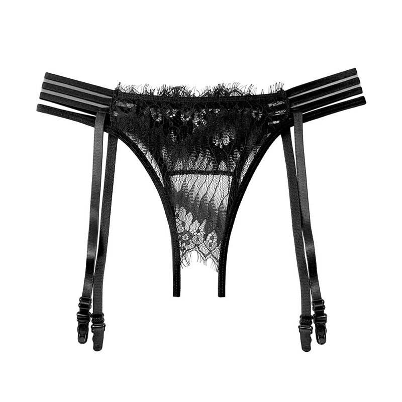 Sexy Black Silk Garter Belt Um Lace Open-Seat Calças Sentimento Ultra-Fino Meias Tentação