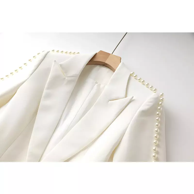 Traje de perlas blancas para mujer, conjunto de 2 piezas, chaqueta + acampanada, ropa de trabajo Formal, abrigo, Blazer de un botón, vestido de graduación, Primavera