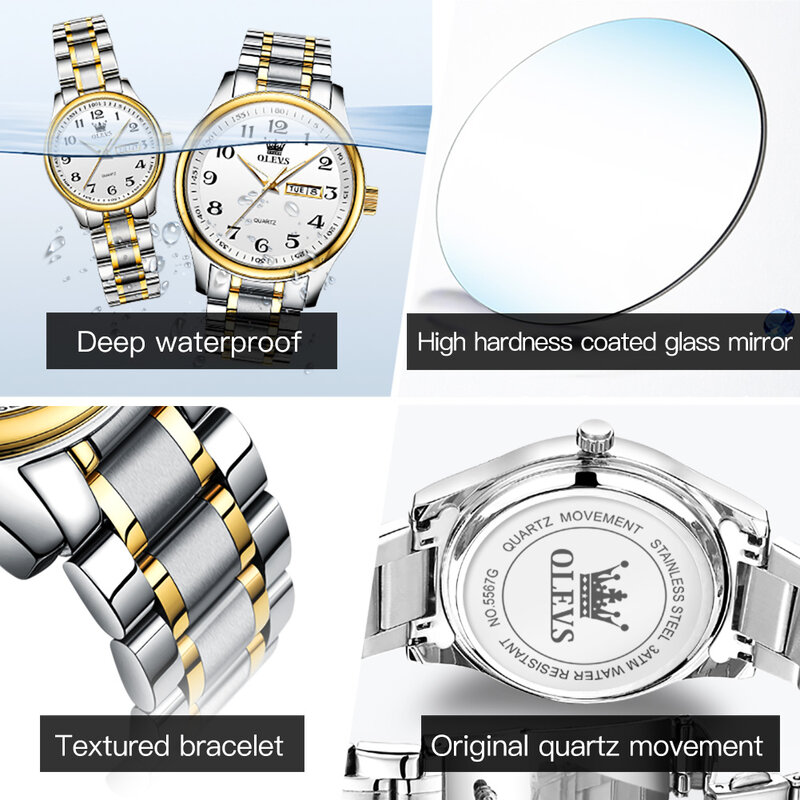 OLEVS-Relógios de casal para homens e mulheres, conjunto de relógios de pulso, relógio quartzo dourado casual, marca de luxo, marca de luxo