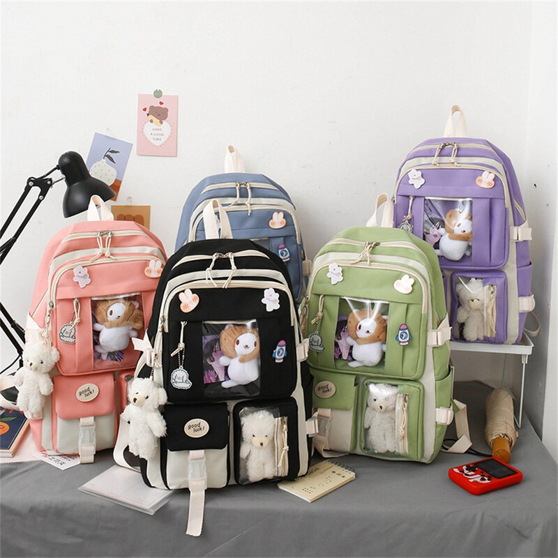 5 Pcs Set Girls Backpack Student Schoolbag Teenager Shoulder Bag Book Bag Pencil Case Women Large Capacity Travel Backpack