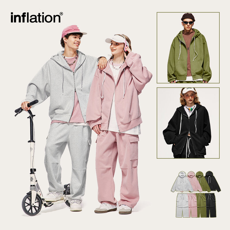INFLATION Unisex Harajuk Oversized dres 2023 modne różowe spodnie Cargo i zestaw kurtek z kapturem zestaw męskie bluzy z kapturem