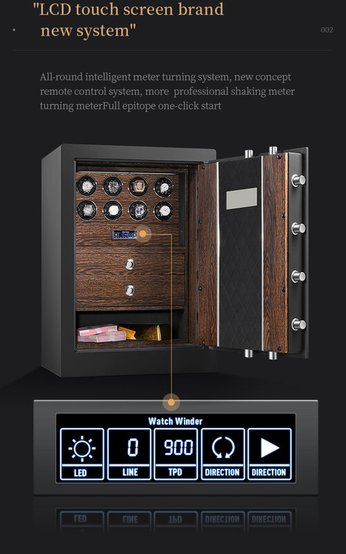Touch Screen Watch Winder com Fingerprint Lock, Madeira Maciça, Gabinete Seguro, Coleção de Jóias Caixa, Personalizar o Interior