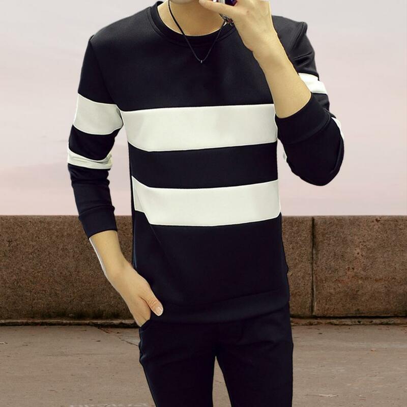 Свитшот мужской в полоску, Повседневный пуловер с круглым вырезом и длинным рукавом, приталенный силуэт, дышащий Топ, в стиле пэчворк