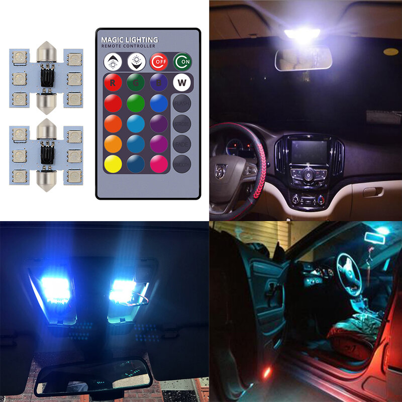 2X RGB 5050 6SMD 꽃줄 조명, 자동차 LED, 자동 원격 제어, 다채로운 독서 램프, 문짝 전구, 이중 포인트
