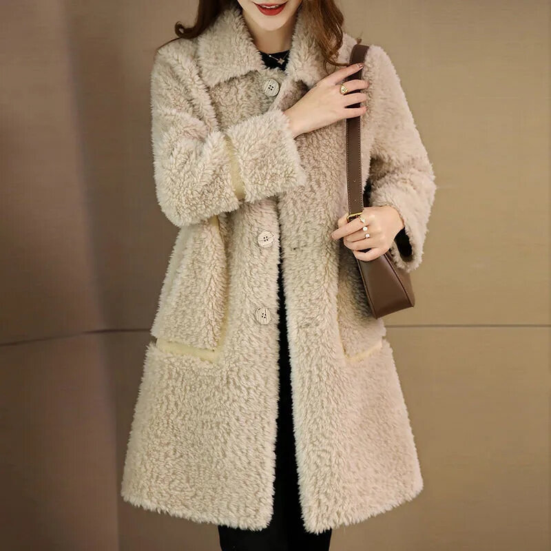 Женское зимнее длинное пальто средней длины, облегающее кашемировое утолщенное пальто из искусственной овечьей шерсти для женщин среднего и пожилого возраста