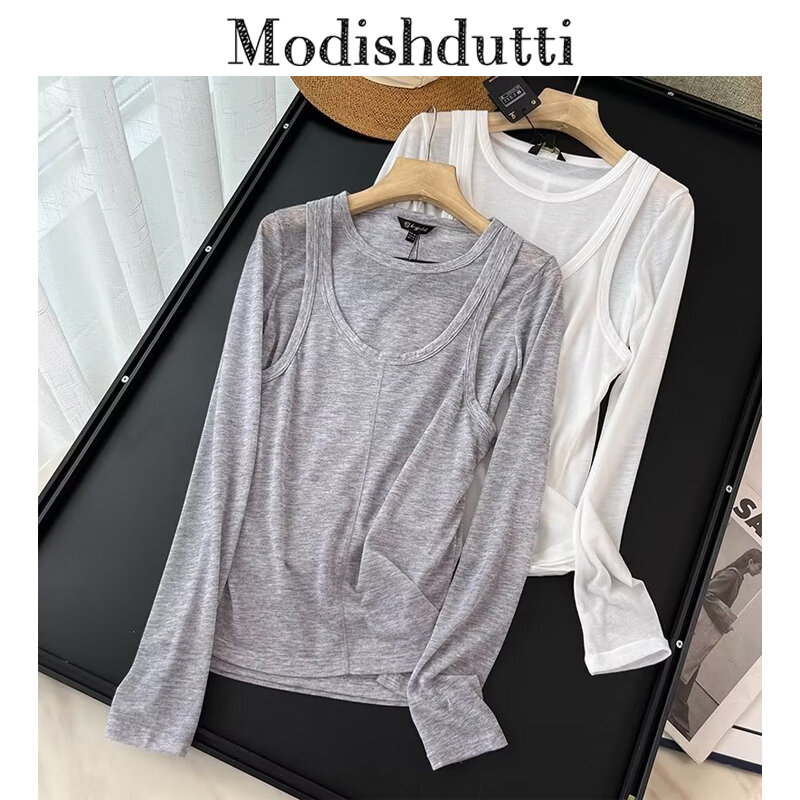 Modishdutti 2024 jesień wysokiej jakości moda damska luźna O dekolt koszulka z dzianiny damski jednokolorowa na co dzień bluzka z długim rękawem