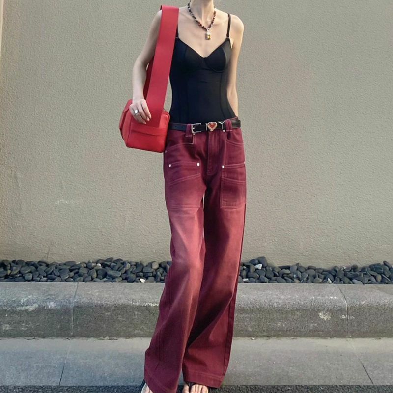 Dżinsy wino czerwony wysoki talię w stylu Boyfriend w stylu Streetwear luźne damskie Y2k Vintage sprane spodnie z szerokimi nogawkami