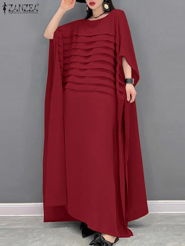 Duże moda ZANZEA Streetwear plisowane szaty damskie długa sukienka lato 3/4 rękaw luźne sukienka z okrągłym dekoltem Maxi Vestidos