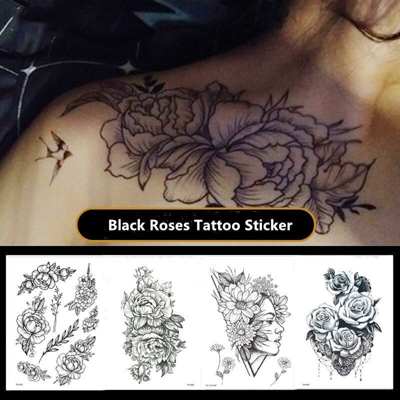 새로운 여성 소녀 임시 문신 스티커 검은 장미 디자인 전체 꽃 팔 바디 아트, 큰 대형 가짜 문신 스티커