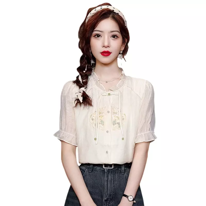 Шифоновая женская рубашка с вышивкой, летняя Цветочная блузка в китайском стиле, свободные женские топы с коротким рукавом, модная одежда YCMYUNYAN